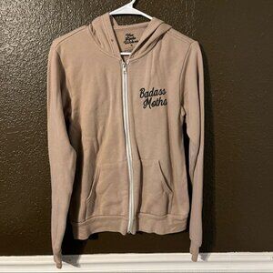 Tan ‘Badass Motha’ Zip Down Hoodie by Her Little Wolves, Sz Small No Drawstring